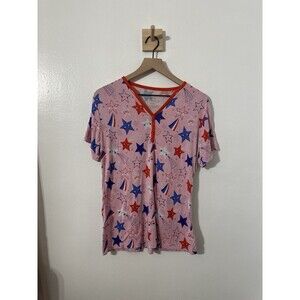 Little Sleepies Womens Short Sleeve Pajama Top Red White & Blue Star Sz M Bamboo